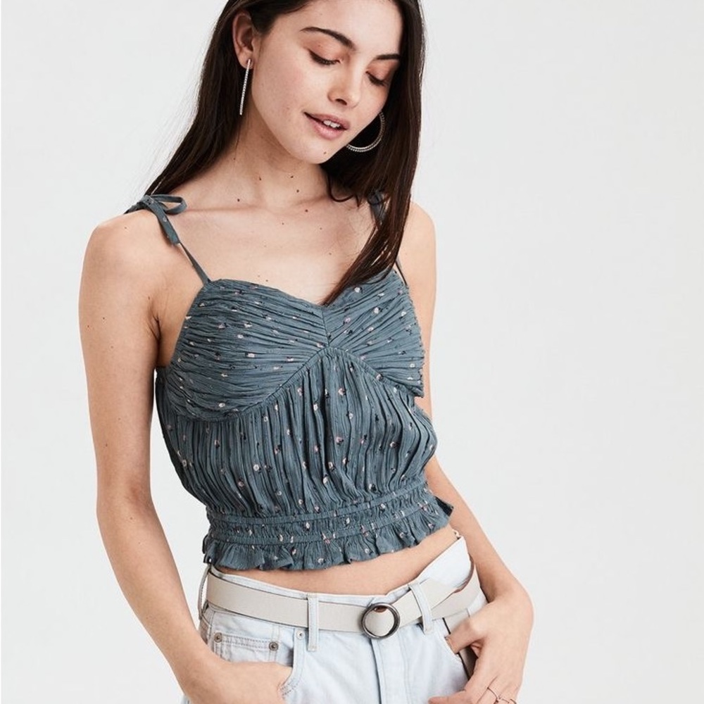 American Eagle Sage Green Floral Ruched Camisole | Size Medium
